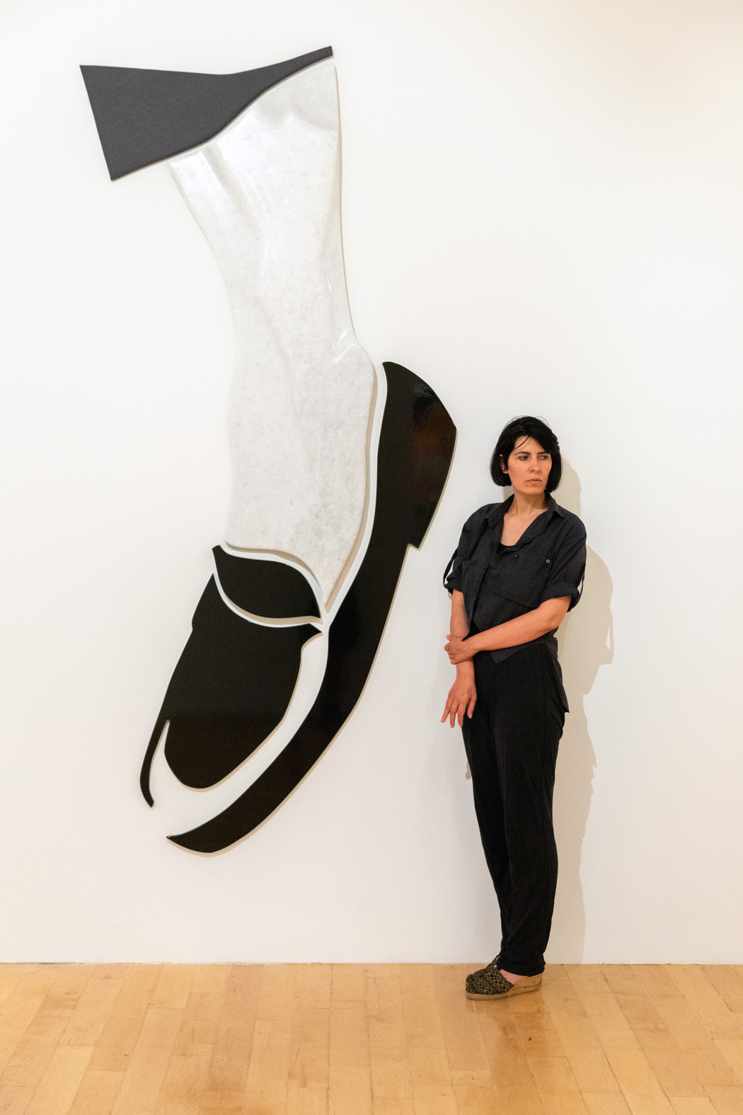 Rallou panagiotou with her work no more black shoe, at the exhibition the same river twice, 2019, benaki museum. portrait by paris tavitian  presse